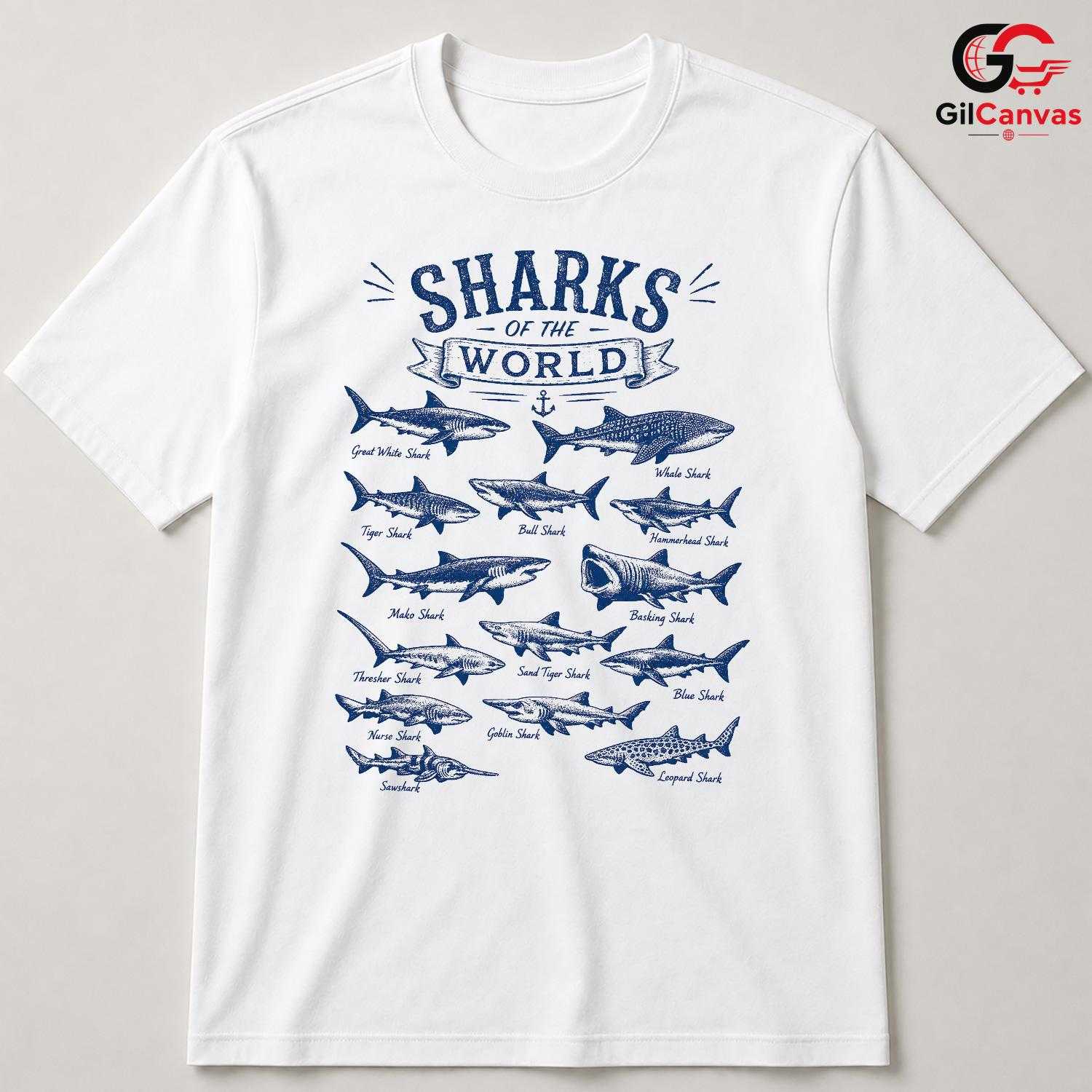 Shark Species Chart Graphic T-Shirt Marine Biology Gift Unisex Vintage Apparel