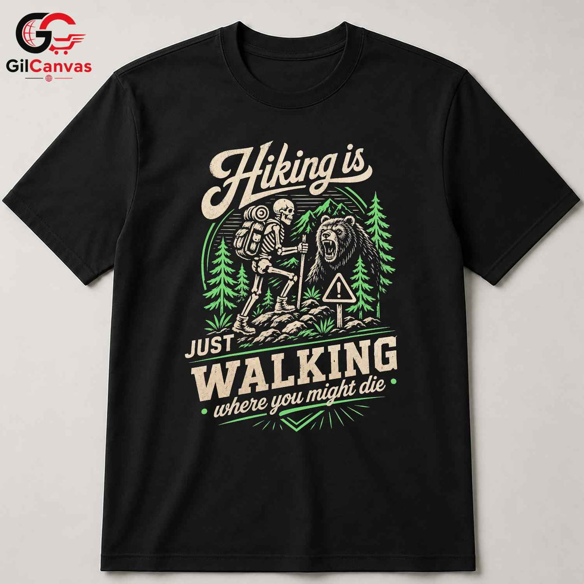 Skeleton Bear Hiking T-Shirt Men Women Outdoor Adventure Trail Hiker Graphic Shirt