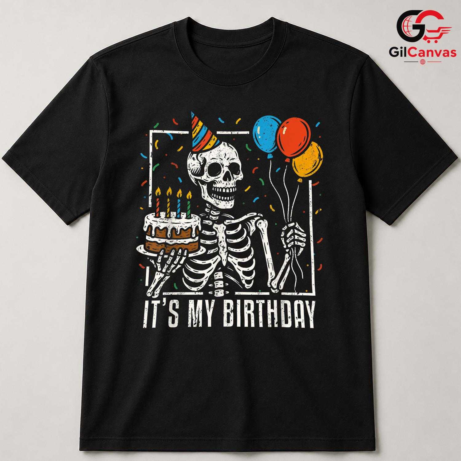 Skeleton Cake Balloon Tee Shirt Unisex Fun Birthday Party Gift Idea For Kids_A