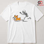 Skeleton Chasing Corgi Dog T-Shirt Unisex Funny Spooky Pet Owner Bone Gift