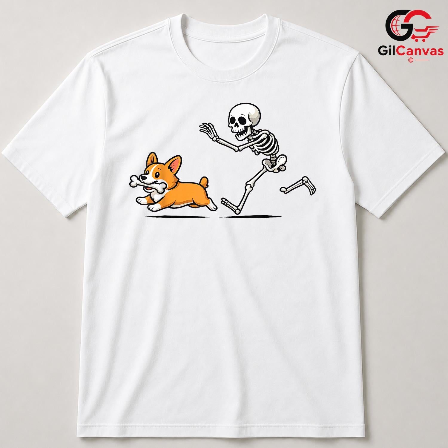 Skeleton Chasing Corgi Dog T-Shirt Unisex Funny Spooky Pet Owner Bone Gift
