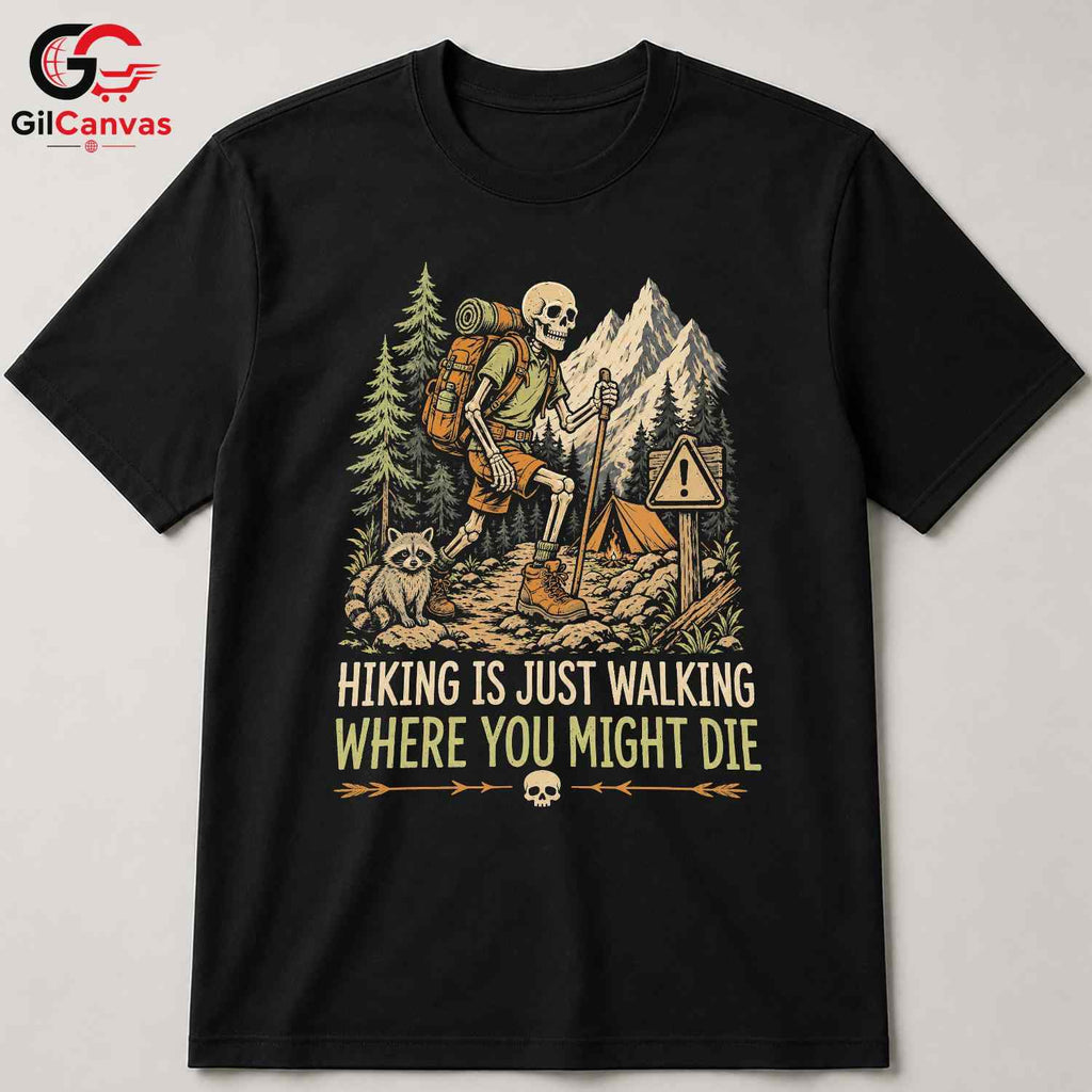 Skeleton Hiking T-Shirt Spooky Adventure Halloween Campers Unisex Graphic Tee