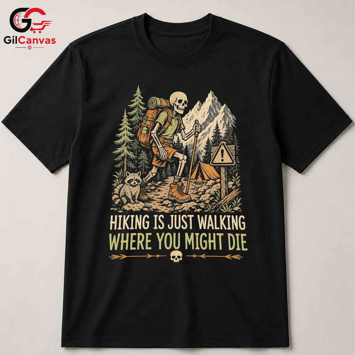 Skeleton Hiking T-Shirt Spooky Adventure Halloween Campers Unisex Graphic Tee