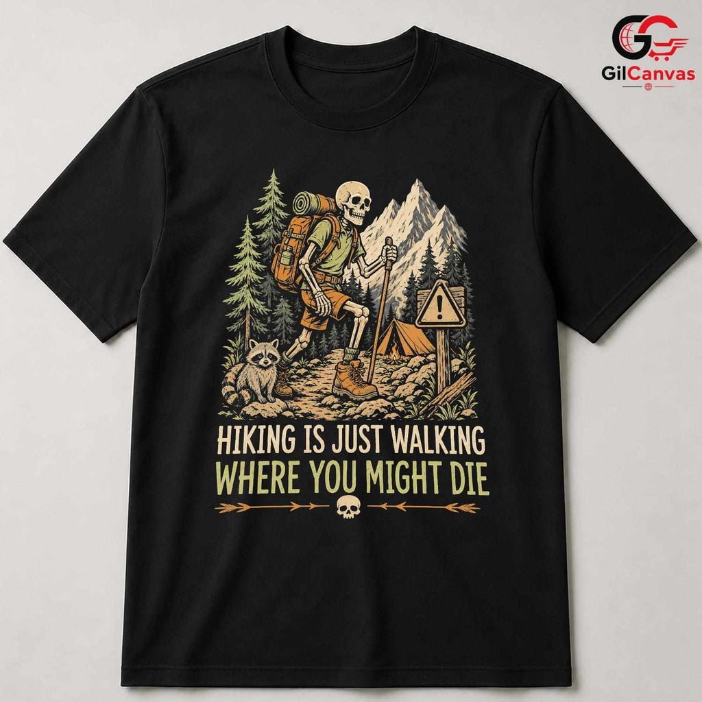 Skeleton Hiking T-Shirt Spooky Adventure Halloween Campers Unisex Graphic Tee