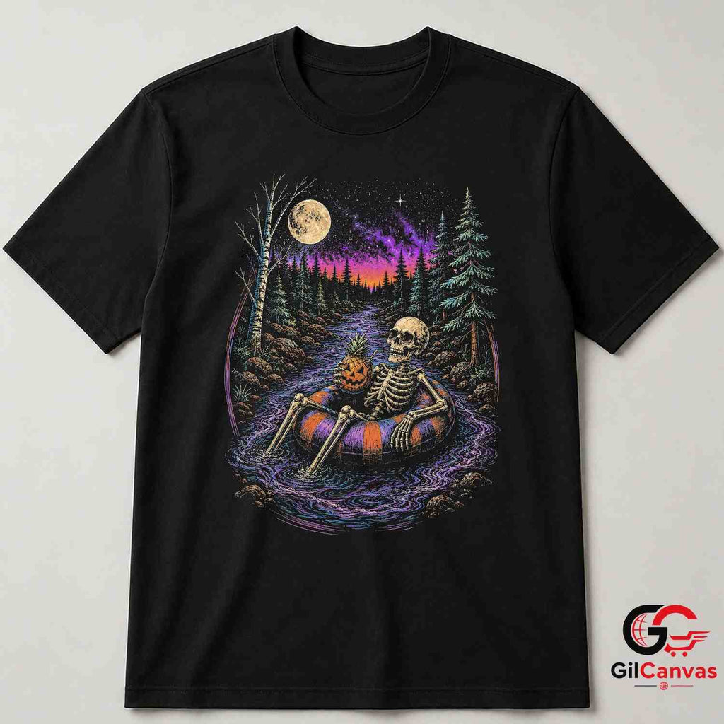 Skeleton Pineapple Float T-Shirt Spooky River Halloween Unisex Graphic Apparel