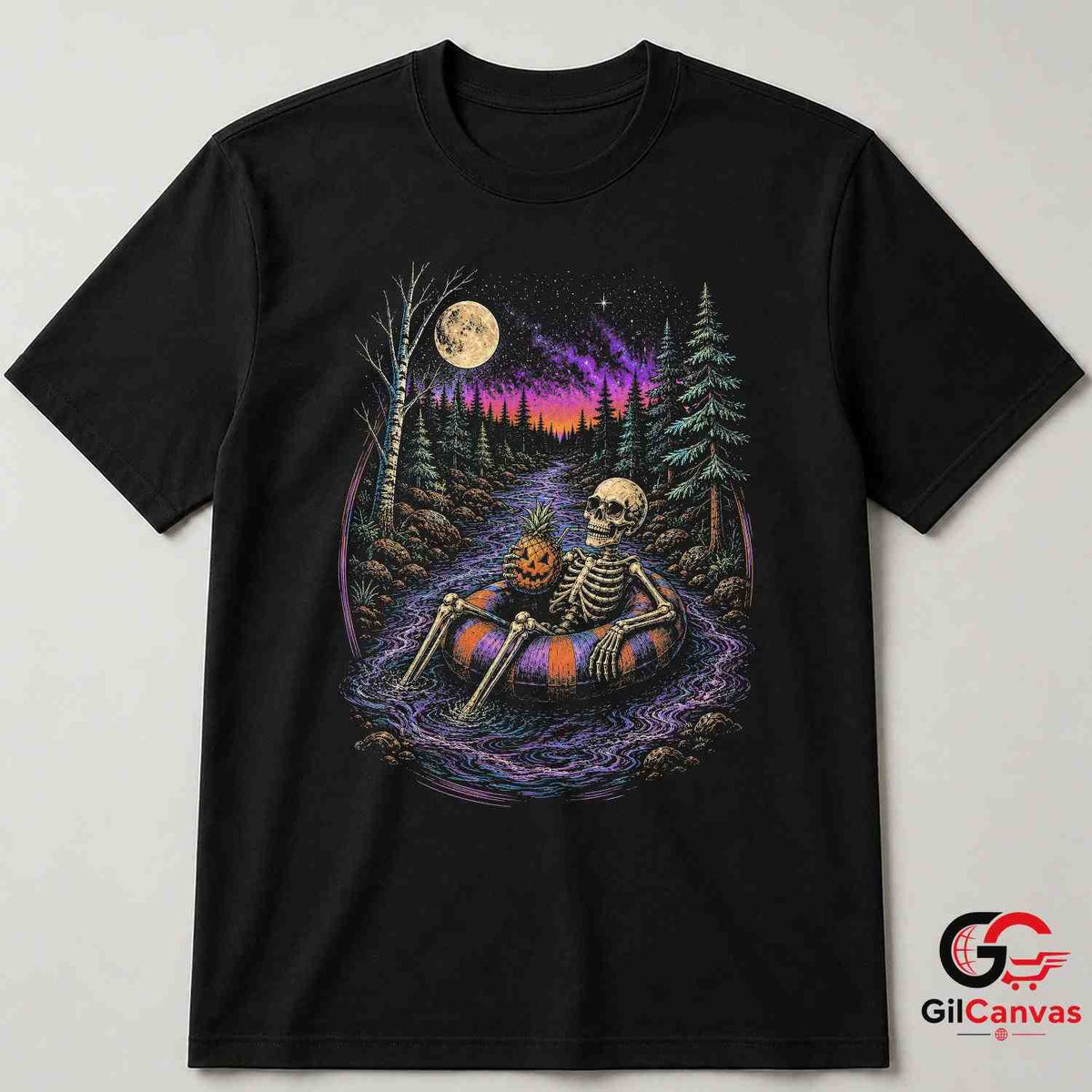 Skeleton Pineapple Float T-Shirt Spooky River Halloween Unisex Graphic Apparel