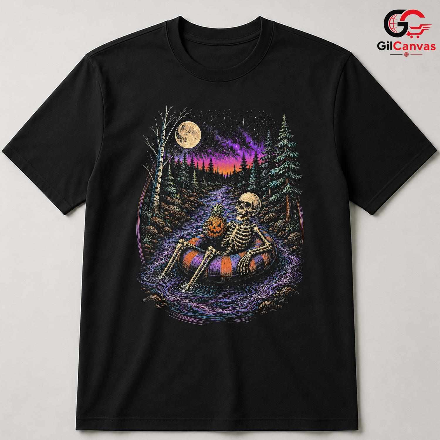 Skeleton Pineapple Float T-Shirt Spooky River Halloween Unisex Graphic Apparel