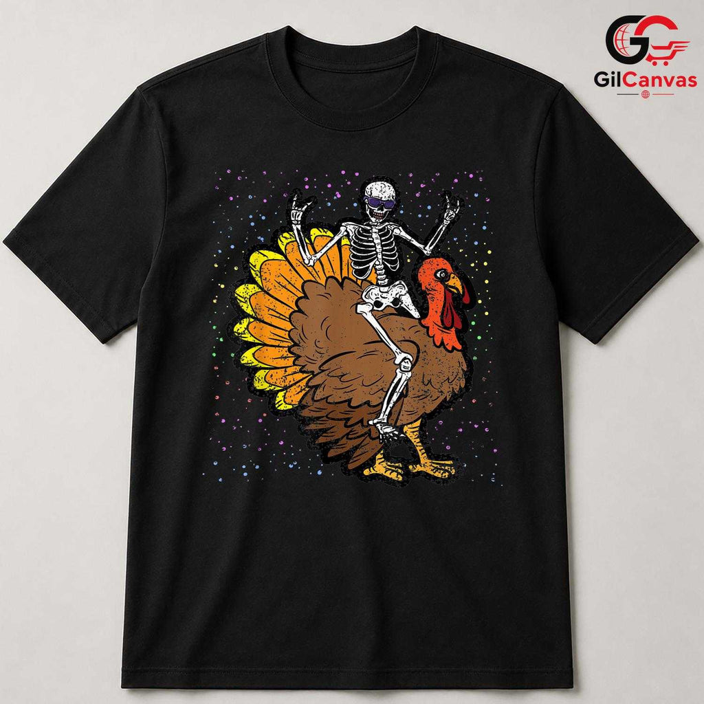 Skeleton Riding Turkey T-Shirt Unisex Funny Thanksgiving Holiday Gift Adult