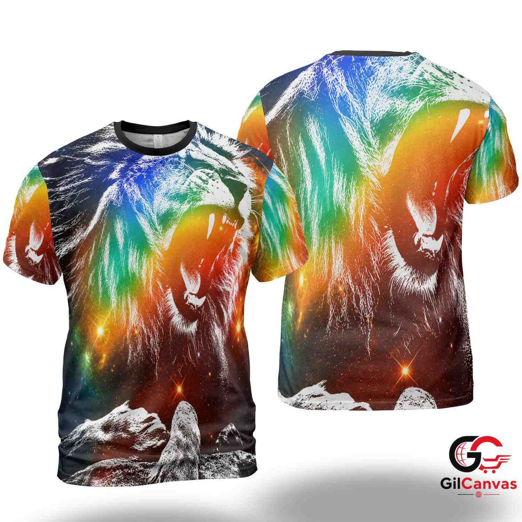 Space Theme Lion Art 3D T-Shirt, Vibrant Unisex Cosmic Graphic Tee Gift For Animals