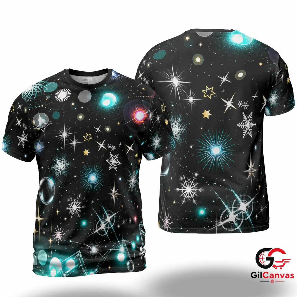 Sparkling Stars 3D T-Shirt, Festive Unisex Christmas Graphic Tee With Music Art