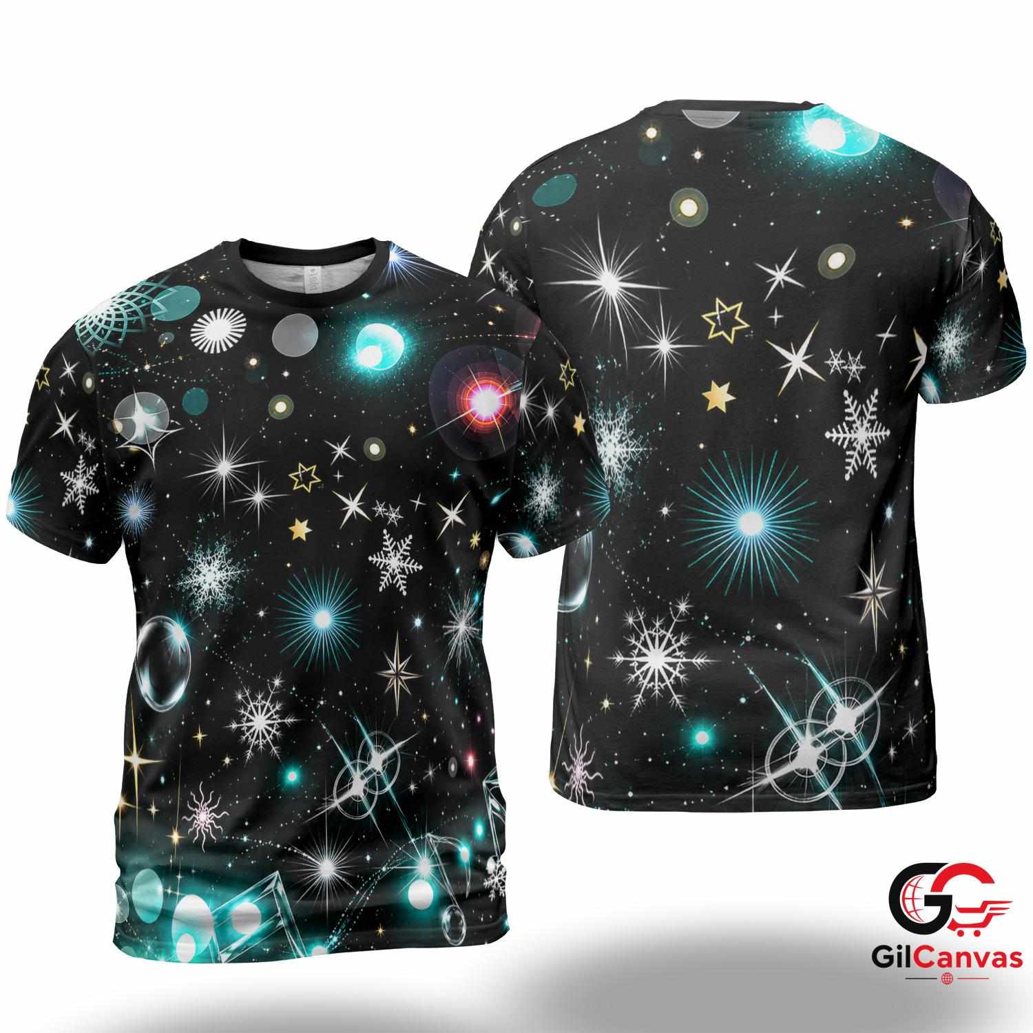 Sparkling Stars 3D T-Shirt, Festive Unisex Christmas Graphic Tee With Music Art