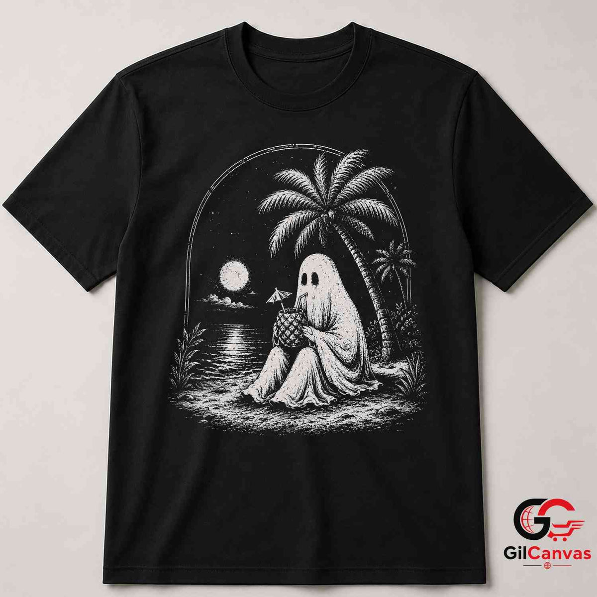 Spooky Beach Vacation Ghost T-Shirt Tropical Halloween Unisex Graphic Apparel Tee