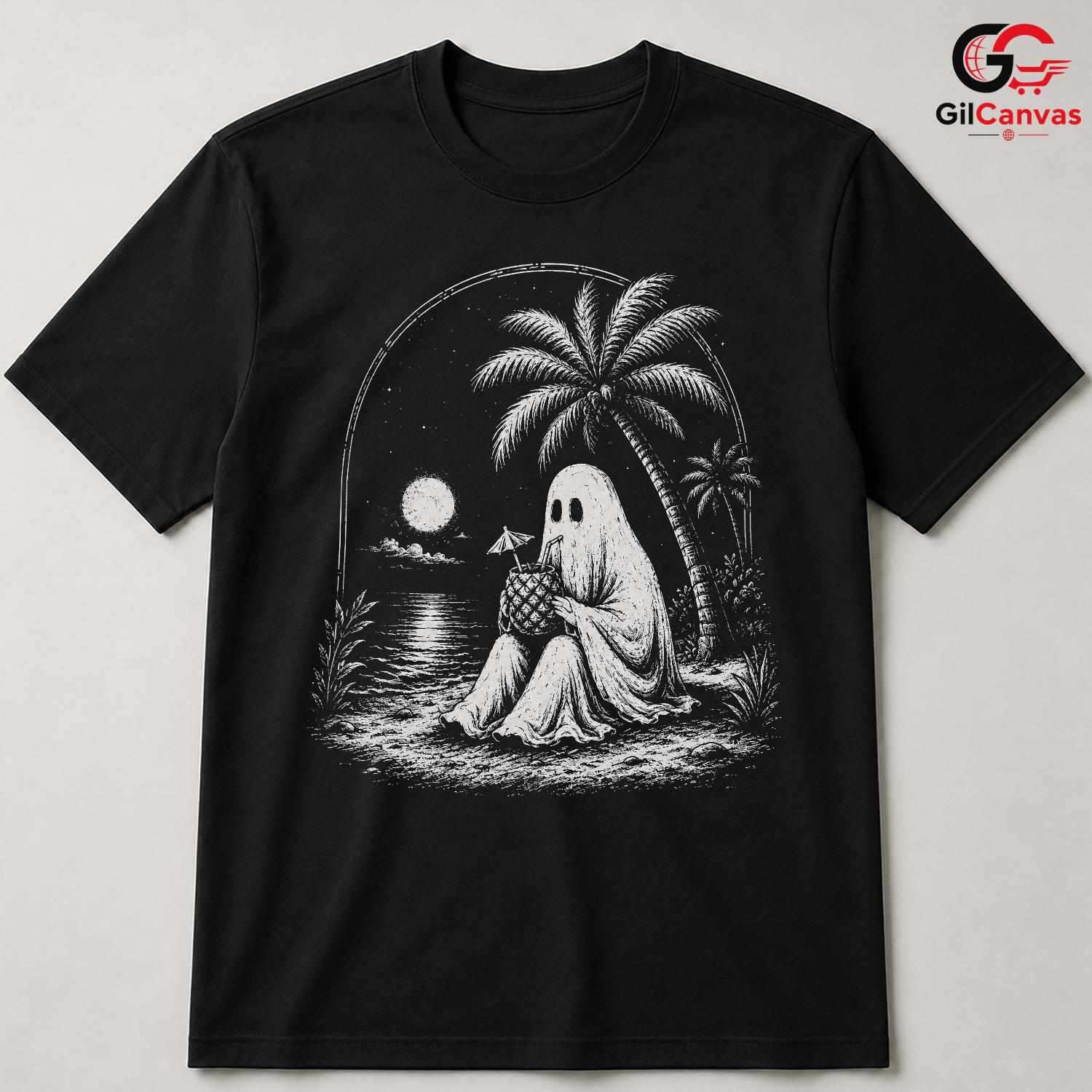 Spooky Beach Vacation Ghost T-Shirt Tropical Halloween Unisex Graphic Apparel Tee