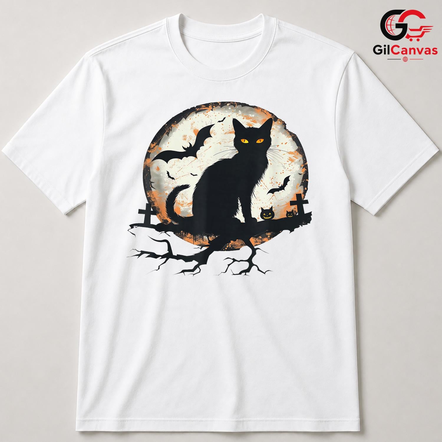 Spooky Black Cat Silhouette T-Shirt Unisex Full Moon Bat Event Gift For Kids