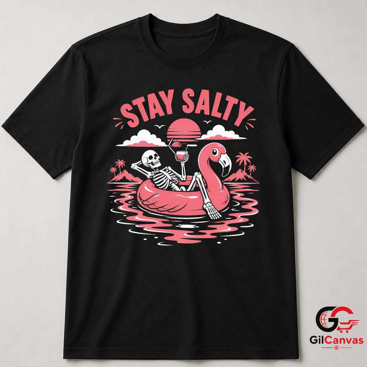 Stay Salty Skeleton Flamingo T-Shirt Tropical Summer Beach Unisex Graphic Apparel