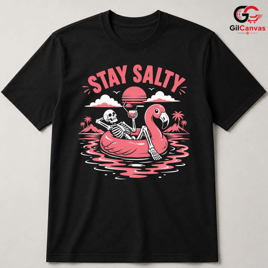 Stay Salty Skeleton Flamingo T-Shirt Tropical Summer Beach Unisex Graphic Apparel