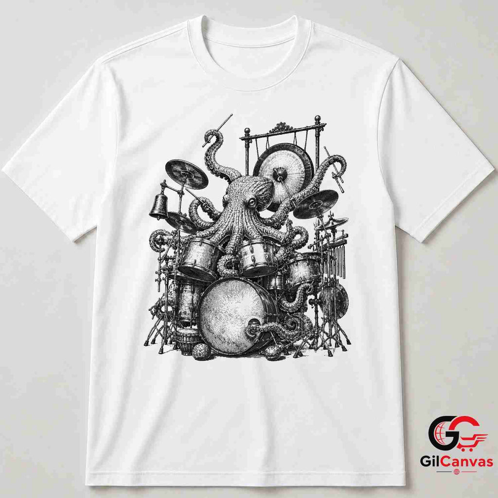 Steampunk Octopus Drum T-Shirt Concert Festival Band Unisex Musician Gift Tee