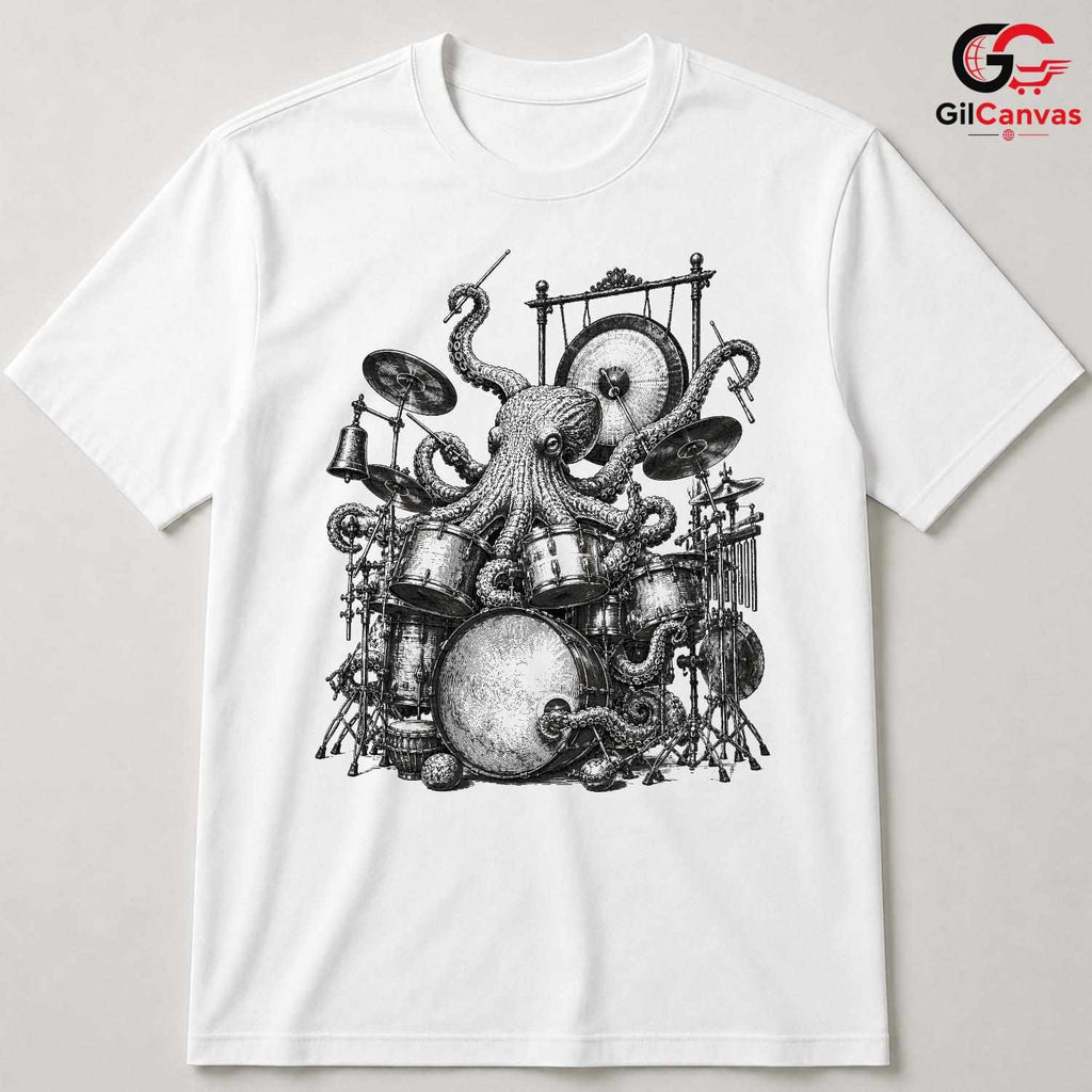 Steampunk Octopus Drum T-Shirt Concert Festival Band Unisex Musician Gift Tee