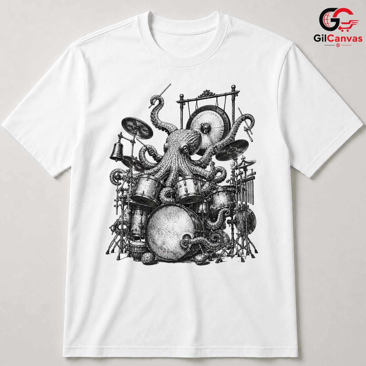 Steampunk Octopus Drum T-Shirt Concert Festival Band Unisex Musician Gift Tee