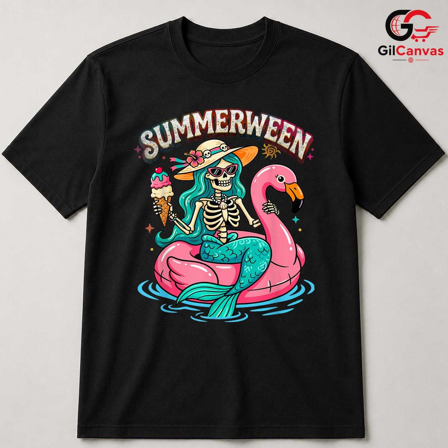 Summer Flamingo Skeleton Shirt Unisex Fun Summerween Vacation Gift All Ages