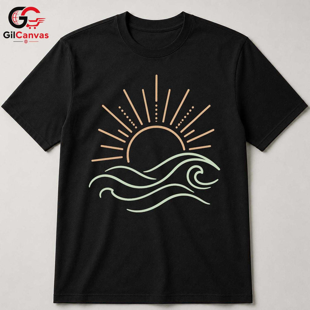 Sunset Waves Beach T-Shirt Summer Fun Vacation Casual Wear Unisex Graphic Tee