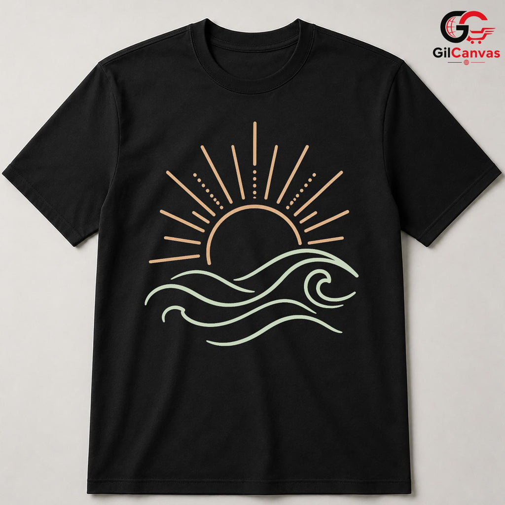 Sunset Waves Beach T-Shirt Summer Fun Vacation Casual Wear Unisex Graphic Tee