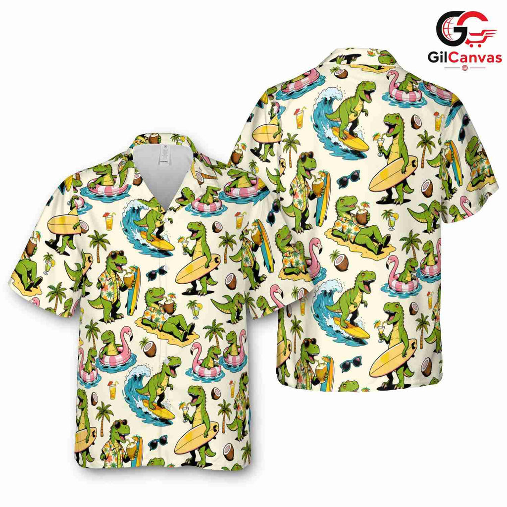 Surfing Dinosaur Hawaiian Shirt, Tropical Aloha Holiday Unisex Vacation Wear