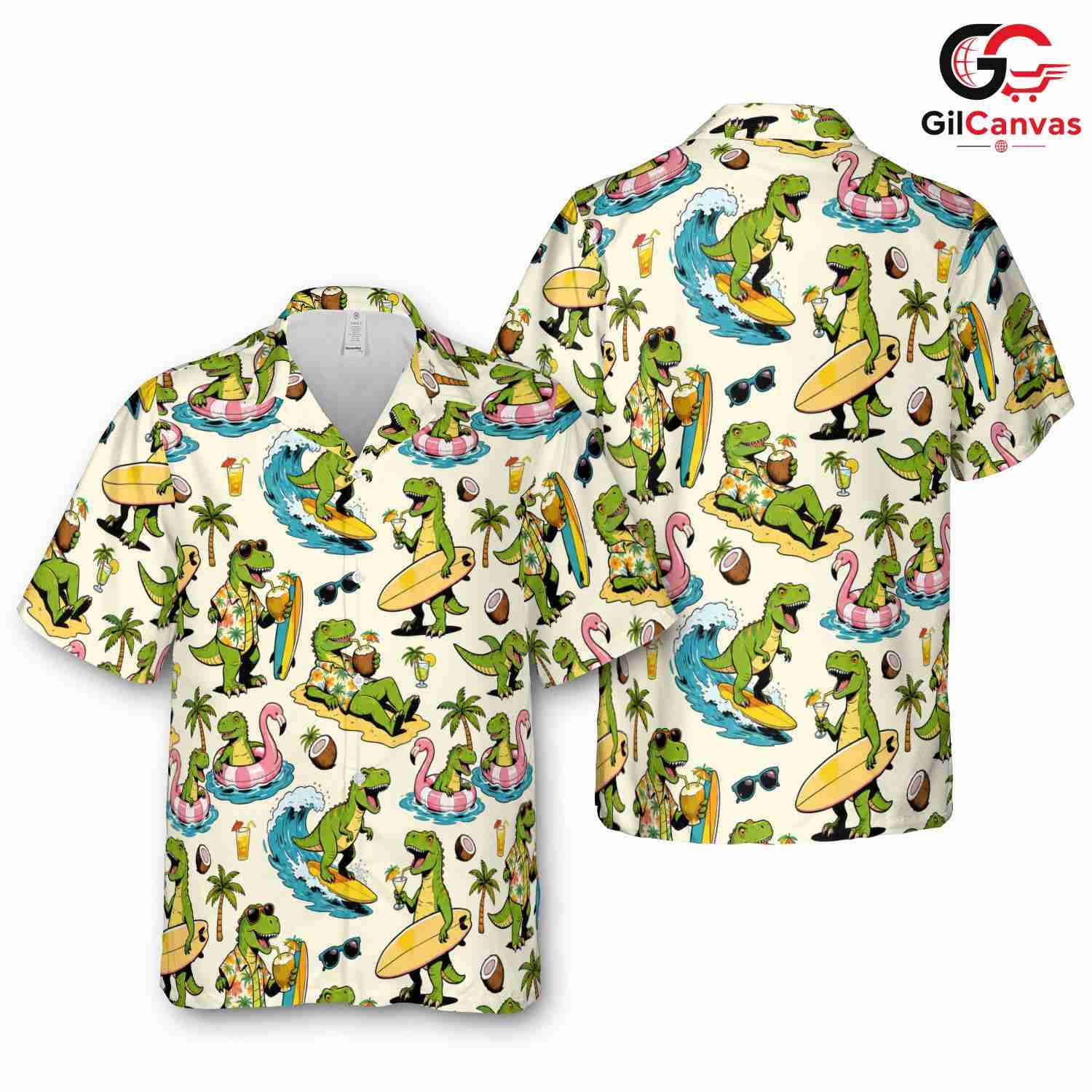 Surfing Dinosaur Hawaiian Shirt, Tropical Aloha Holiday Unisex Vacation Wear