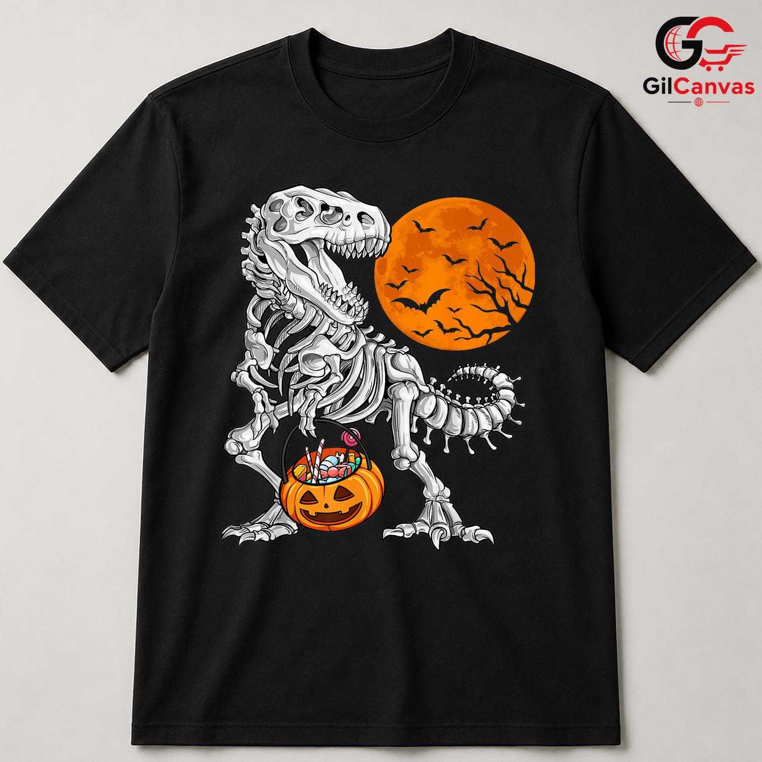 T-Rex Skeleton Pumpkin Tee Shirt Unisex Fun Spooky Halloween Gift Kids Adults