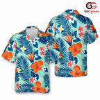 Teal Hibiscus Palm Print Tee, Mens Aloha Resort Wear Summer Beach Vacation