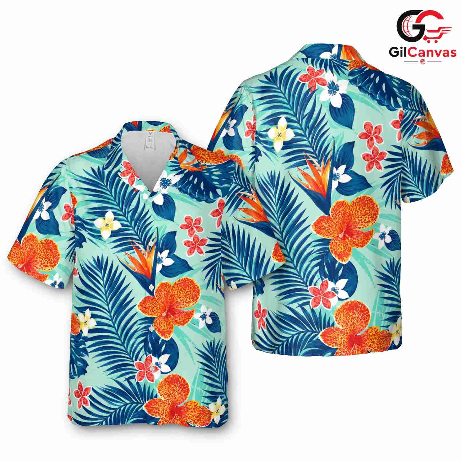 Teal Hibiscus Palm Print Tee, Mens Aloha Resort Wear Summer Beach Vacation