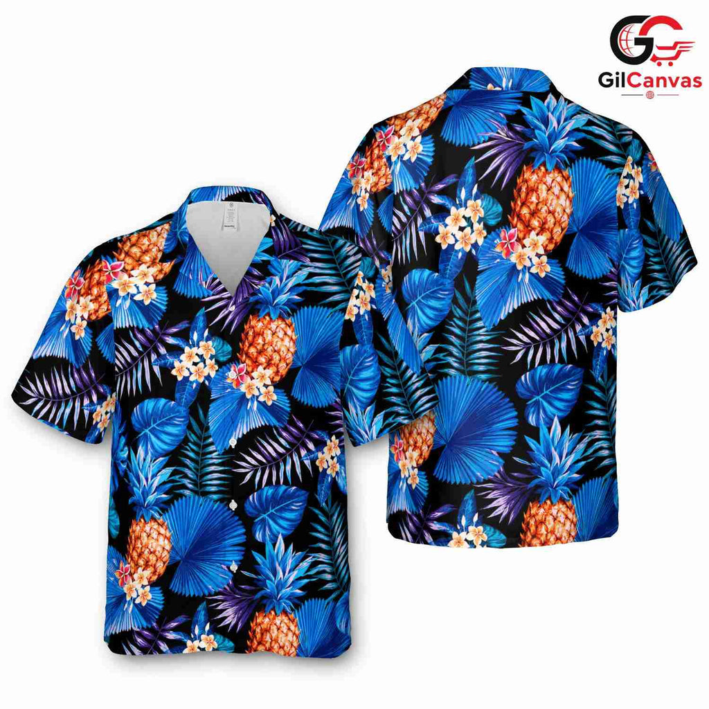 Vibrant Blue Pineapple Shirt Men, Cool Resort Party Wear For Beach Vacations