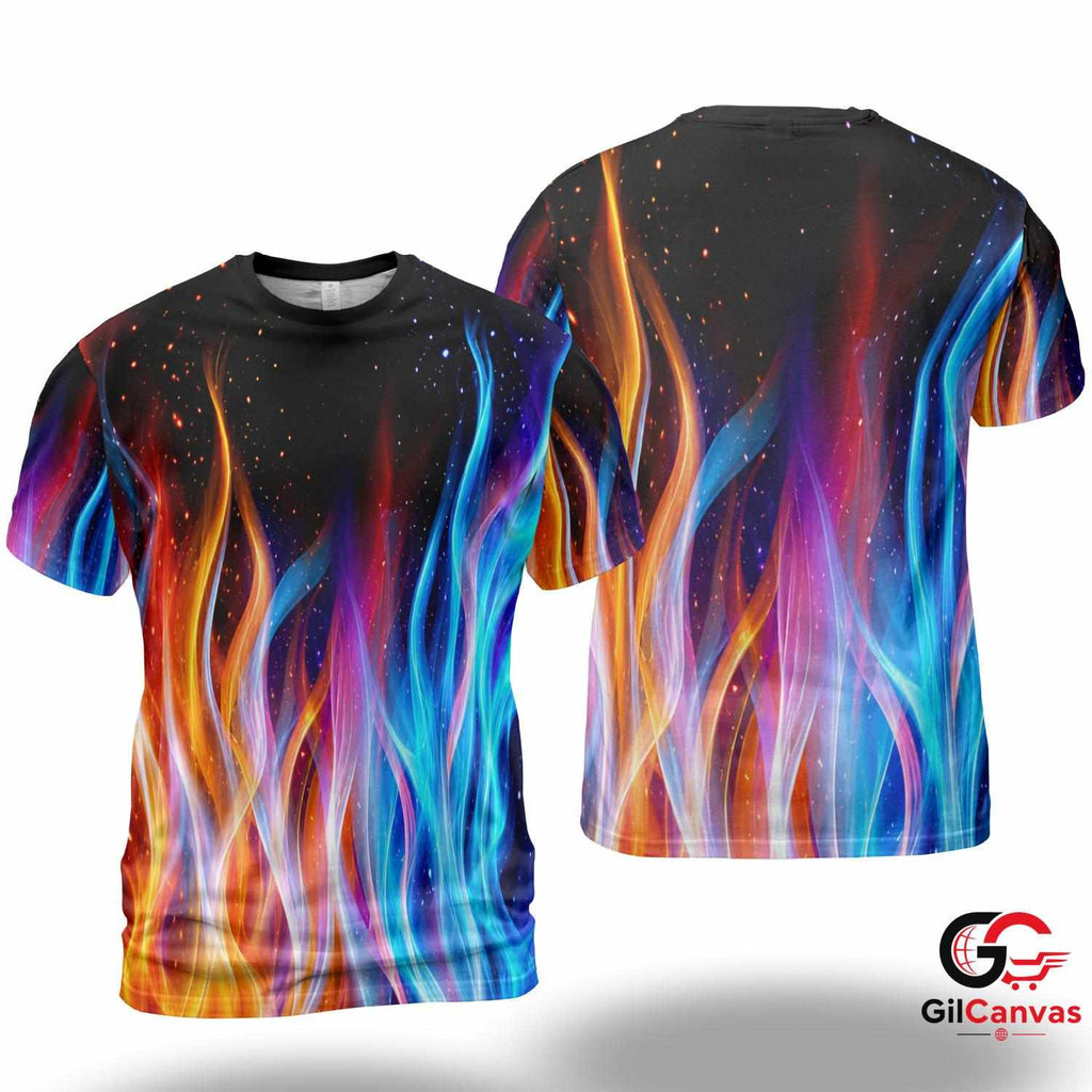 Vibrant Flames 3D T-Shirt, Colorful Unisex Fire Tee Gift For Fun Summer Events