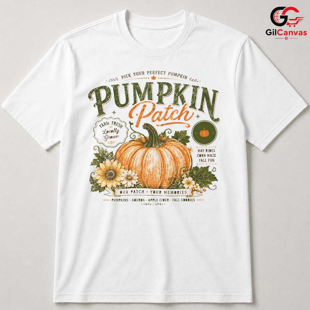 Vintage Autumn Pumpkin Patch T-Shirt Fall Harvest Farm Unisex Graphic Apparel Tee