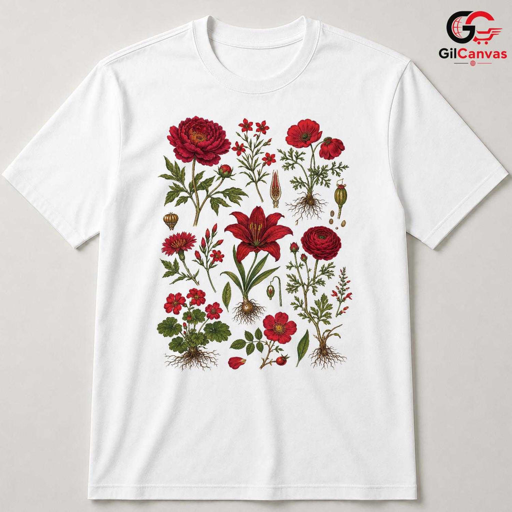 Vintage Red Floral T-Shirt Garden Party Stylish Wear Unisex Casual Apparel