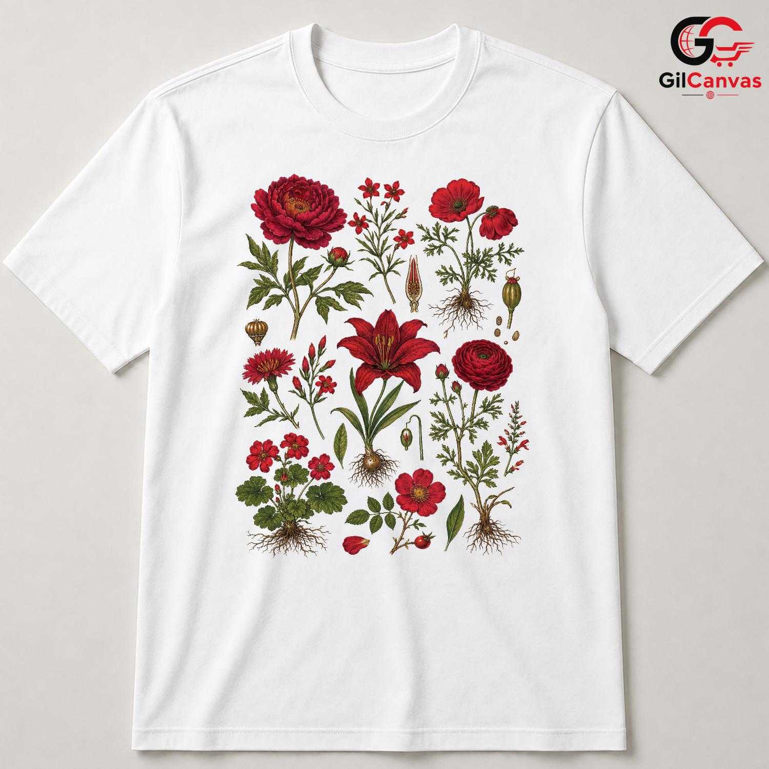 Vintage Red Floral T-Shirt Garden Party Stylish Wear Unisex Casual Apparel
