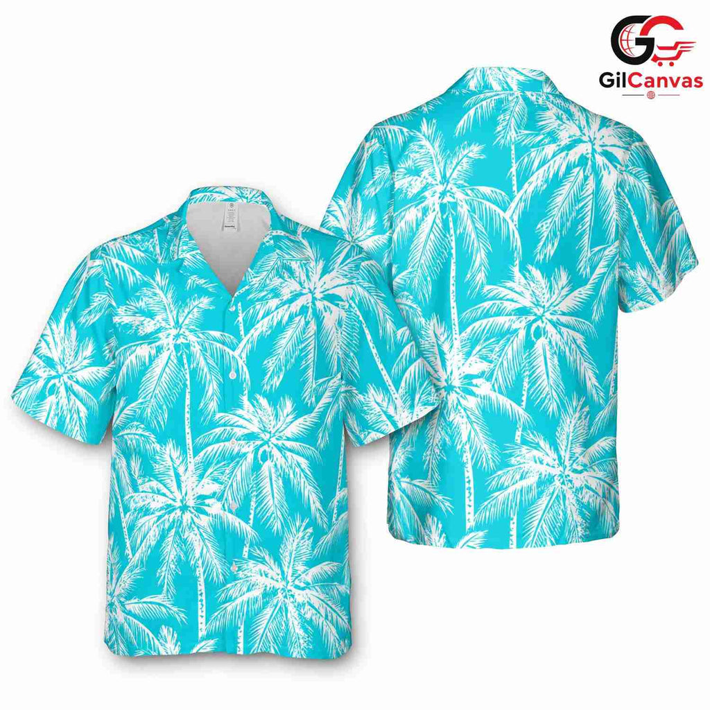 White Palm Print Teal Shirt, Unisex Island Style Resort Wear Summer Vacation