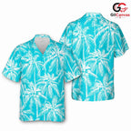 White Palm Print Teal Shirt, Unisex Island Style Resort Wear Summer Vacation