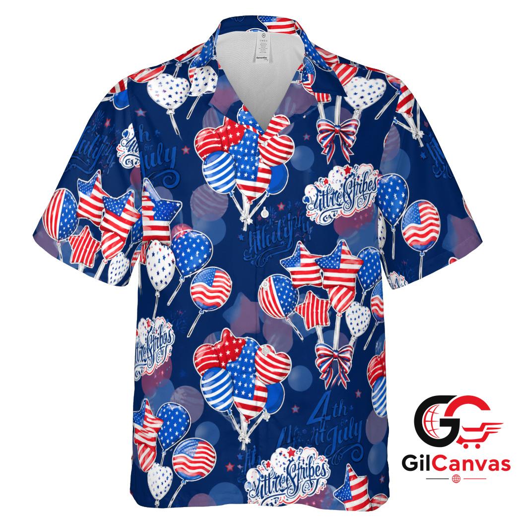 4th Of July Tee Hawaiian Shirt With Balloons Men Fun Patriotic Summer Wear