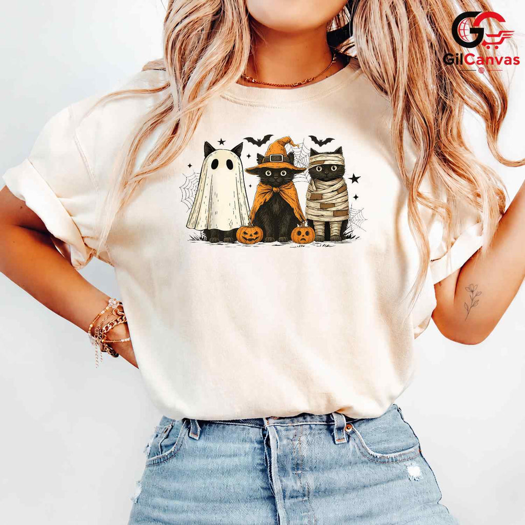 Adorable Black Cat Trio Tee Shirt Unisex Spooky Ghost Mummy Costume For Kids