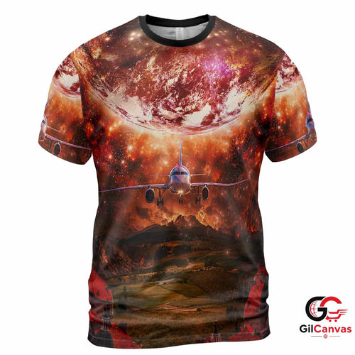 Airplane Cosmic 3D T-Shirt, Unisex Travel Adventure Graphic Tee For Explorers