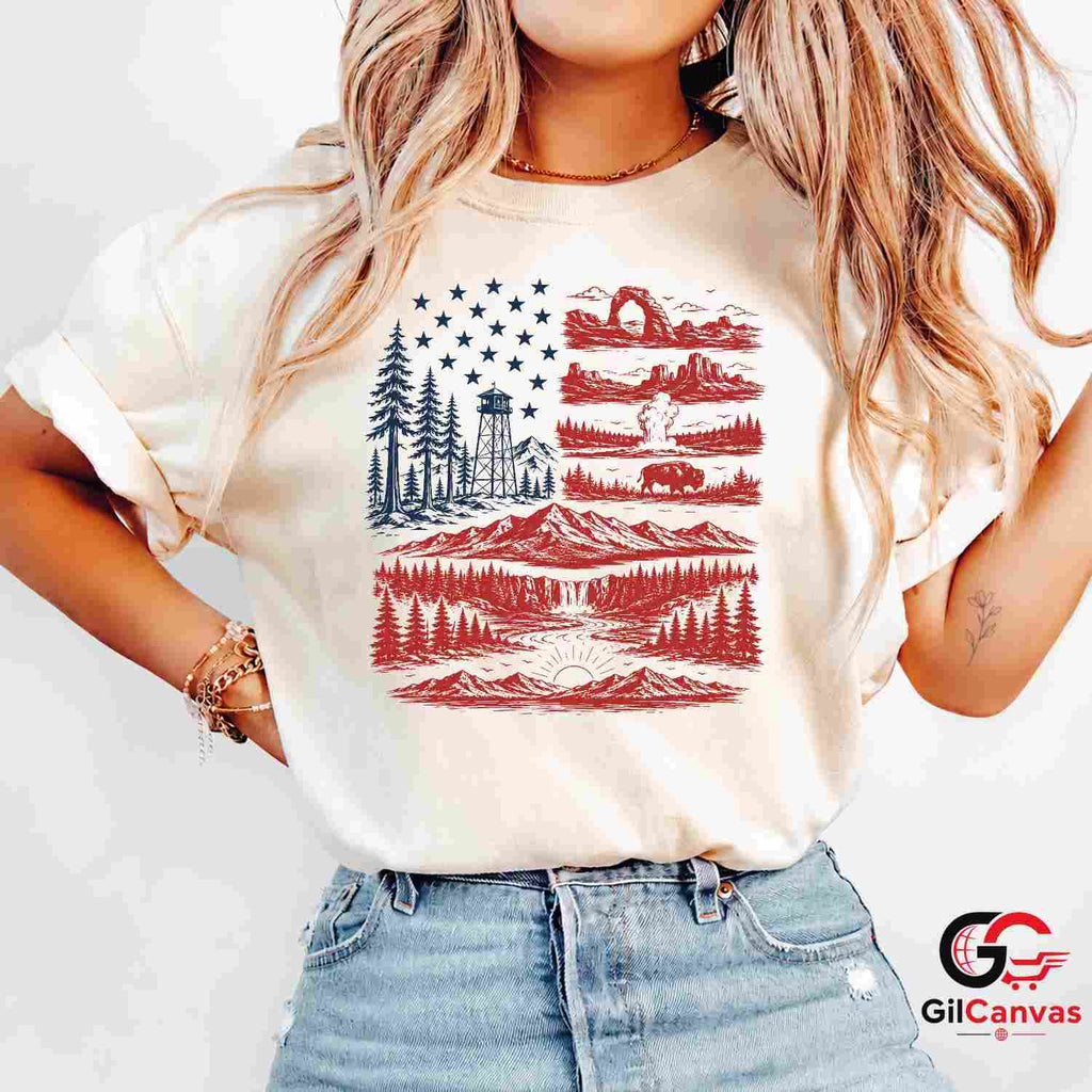American Flag Nature Park T-Shirt Patriotic Wilderness Unisex Graphic Apparel Tee