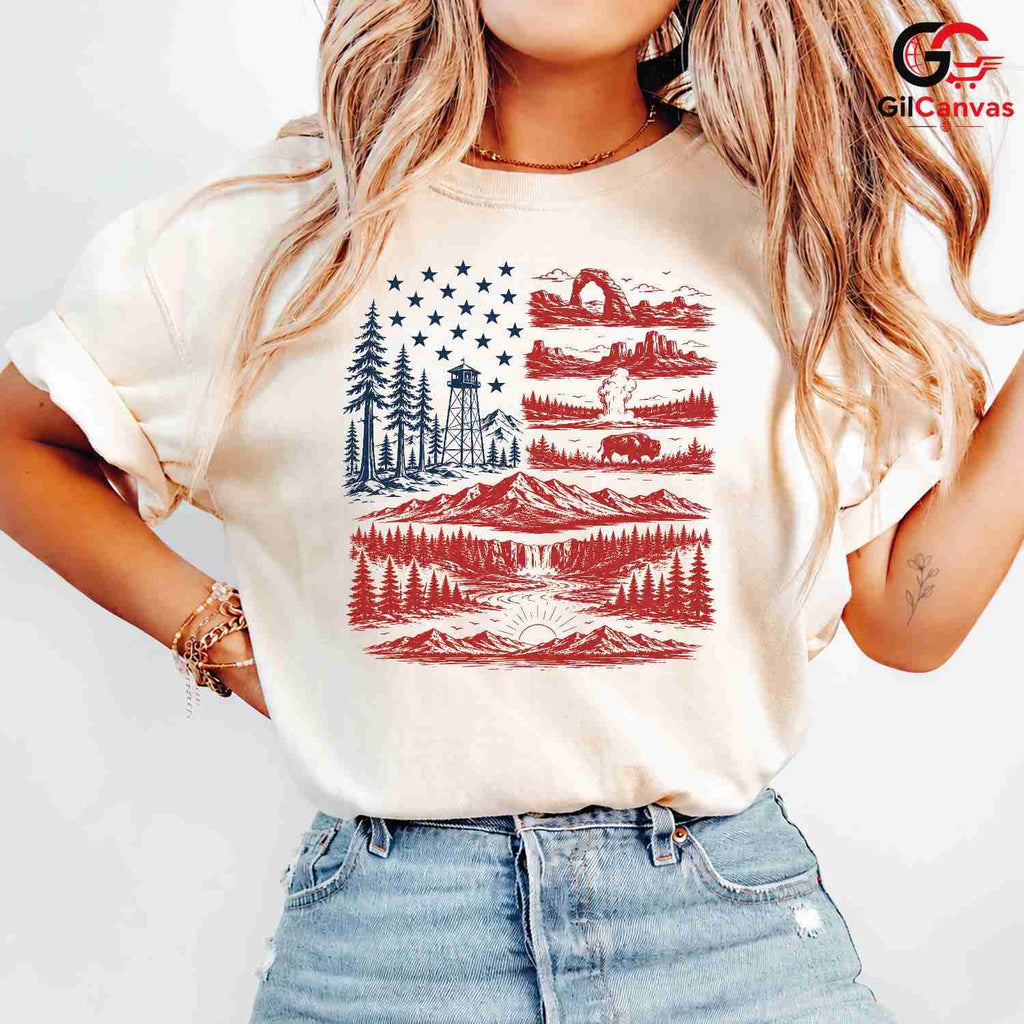 American Flag Nature Park T-Shirt Patriotic Wilderness Unisex Graphic Apparel Tee