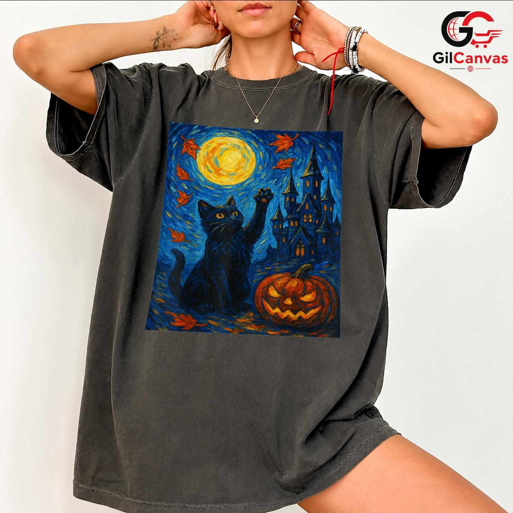 Artistic Starry Haunted Cat T-Shirt Unisex Spooky Full Moon Gift For Kids