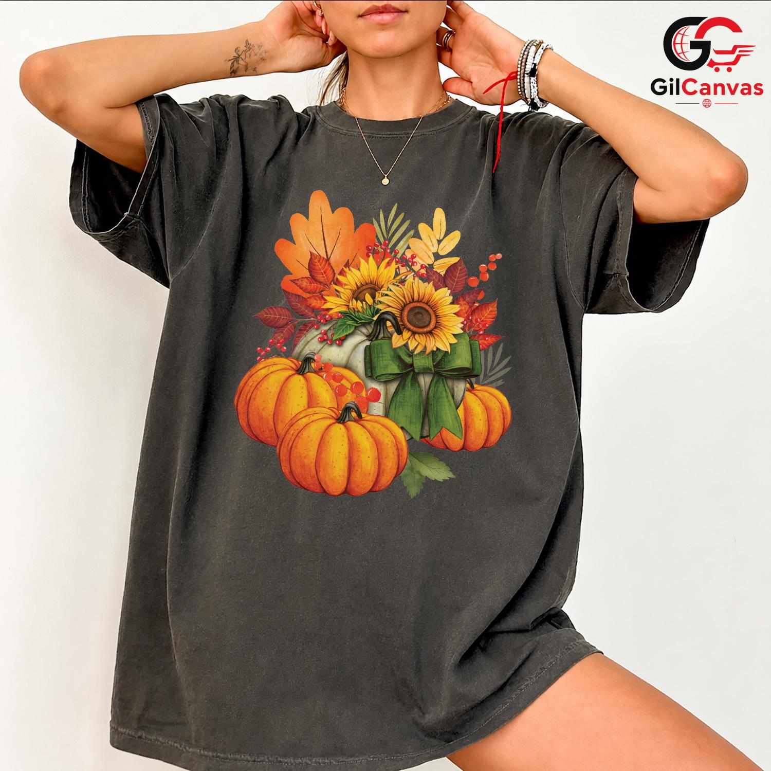 Autumn Harvest Sunflower T-Shirt Unisex Thanksgiving Fall Leaves Women Gift