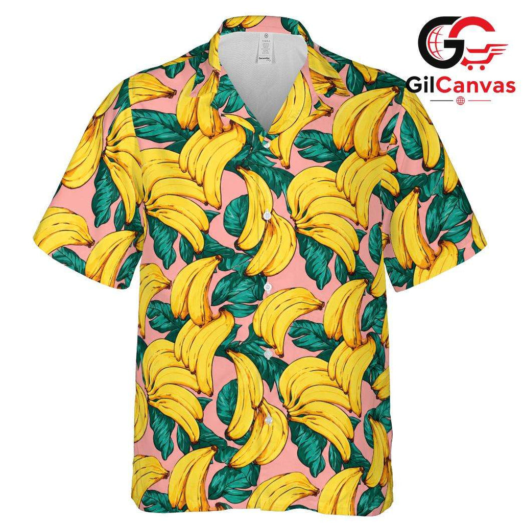 Banana Print Hawaiian Shirt, Tropical Style Men Beach Wear Summer Holidays