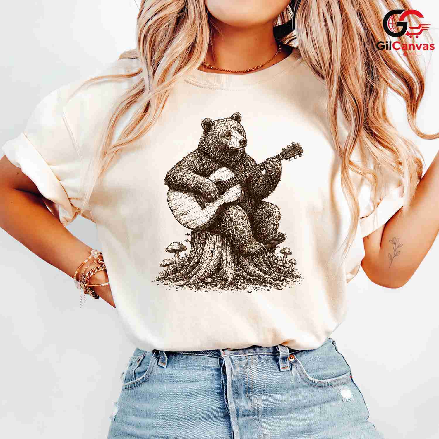 Bear Playing Guitar T-Shirt Forest Animal Acoustic Music Unisex Nature Gift Tee