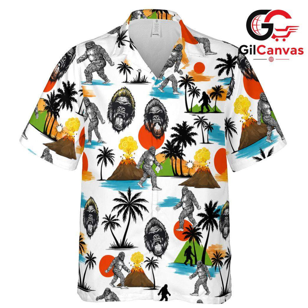 Bigfoot Print Hawaiian Shirt, Adventure Theme Men Apparel Summer Parties