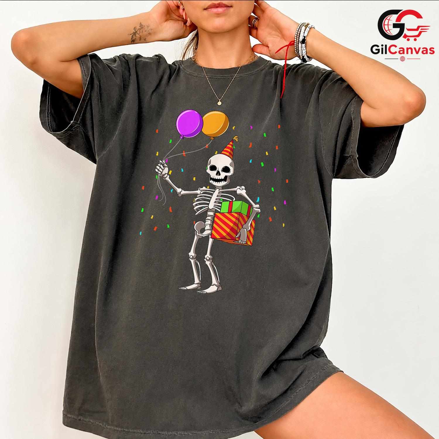 Birthday Skeleton Party Tee Shirt Unisex Funny Spooky Celebration Humorous Gift