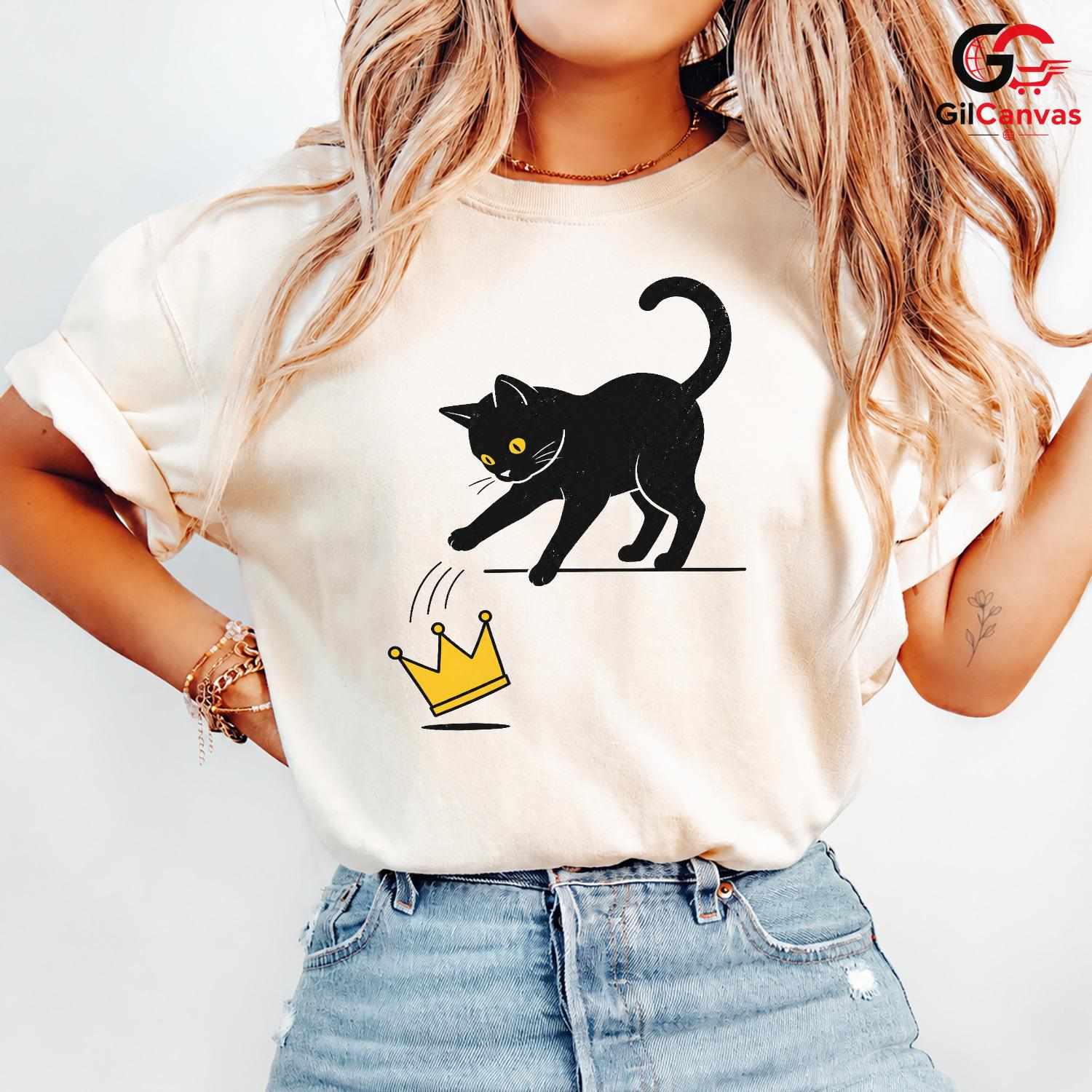 Black Cat Crown Graphic T-Shirt Cute Feline Lover Fun Unisex Casual Apparel